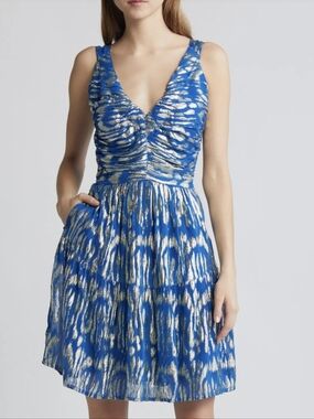 Ciebon Blue Metallic Pattern Sleeveless Fit & Flare Dress